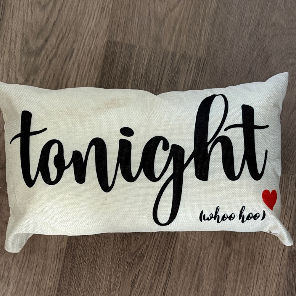 Decorative Cream Pillow with Black Text and Red Heart